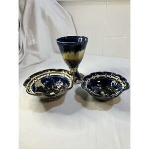 Scalloped Nesting Studio Pottery Bowls & Goblet Brown And Blue Cottage Core